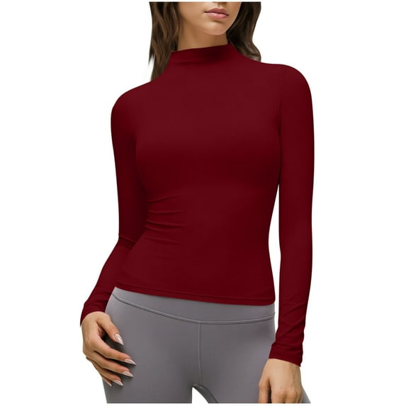 Posijego Mock Neck Long Sleeve Shirts for Women Plain Basic T-Shirts Slim Spring Trendy Going out Crop Tops Solid Color