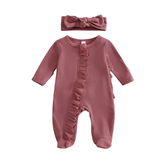 Posijego Newborn Baby Girls Ruffled Footies Knit Rompers with Zip up Baby Girls Cute Long Sleeve One-Piece Outfits