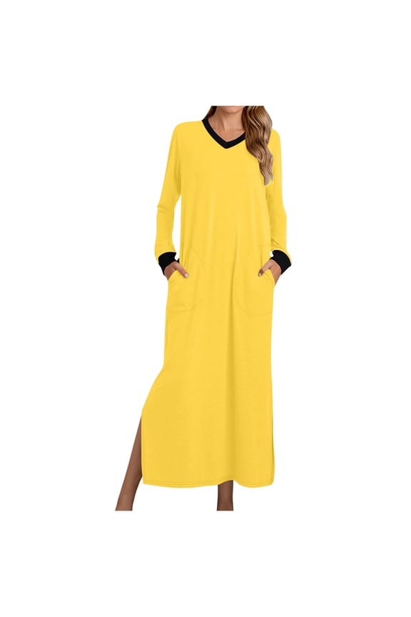 Nightgowns for Women Oversized Long Sleeve Sleepwear V Neck Sleepshirt Loose Long Pajama Dress with Pockets