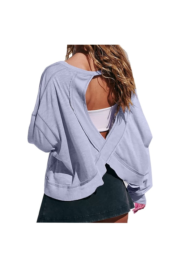 Open Back Workout Tops for Women Loose Long Sleeve Shirts Backless Yoga Sports T-Shirts Activewear