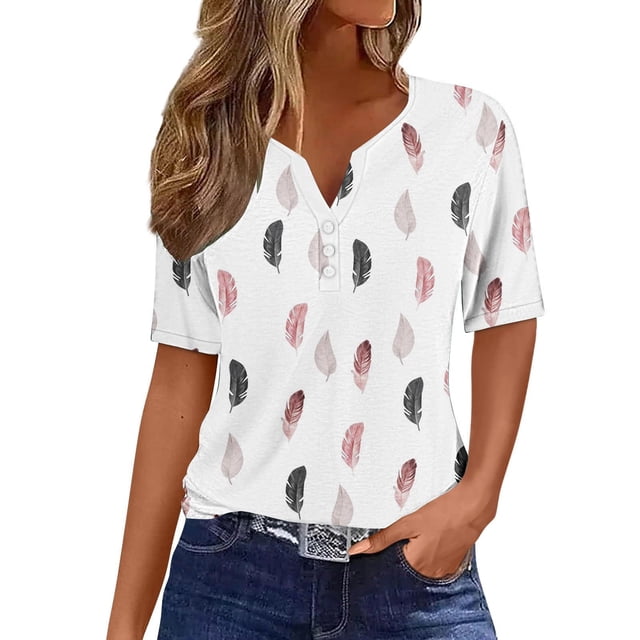 Posijego Plain Tshirts for Women V Neck Button Short Sleeve Tops Women ...