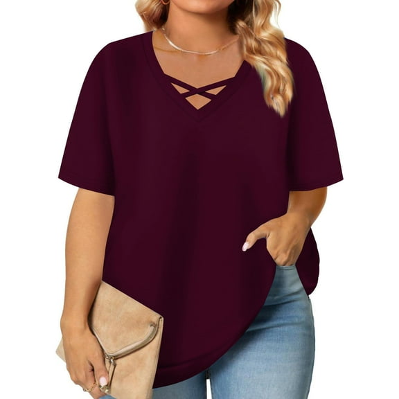 Posijego Plus Size Tops for Women V Neck Short Sleeve T Shirts Soft Causal Summer Tunic Blouses Fashion Clothes