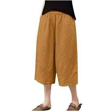 Posijego Plus Size Capri Pants for Women Cotton Linen Cropped Trousers Elastic Waist Wide Leg Lounge Pants