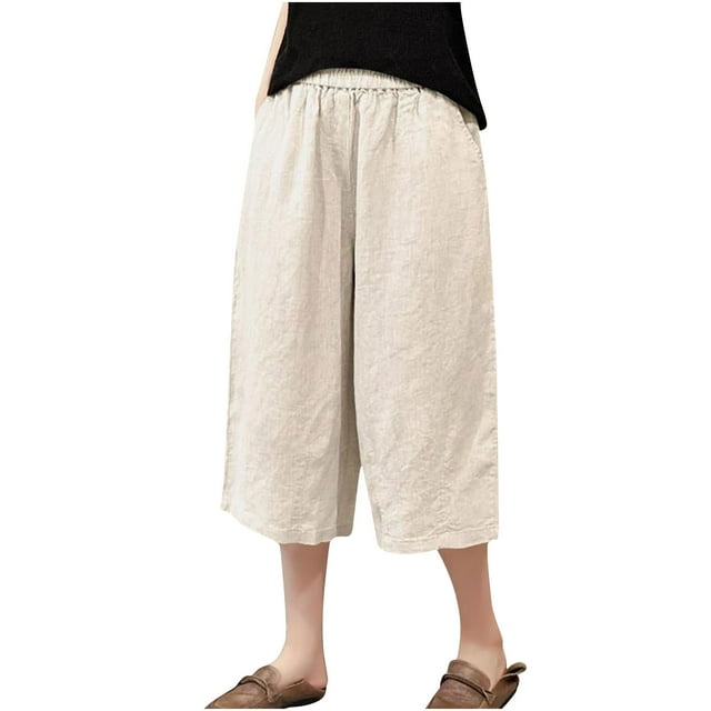 Posijego Plus Size Capri Pants for Women Cotton Linen Cropped Trousers Elastic Waist Wide Leg Lounge Pants