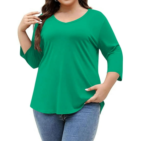 Posijego Plus Size Tops for Women 3/4 Length Sleeve Shirt Summer V Neck Loose Tunic Tops Fall Clothes