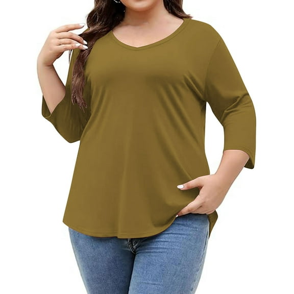 Posijego Plus Size Tops for Women 3/4 Length Sleeve Shirt Summer V Neck Loose Tunic Tops Fall Clothes