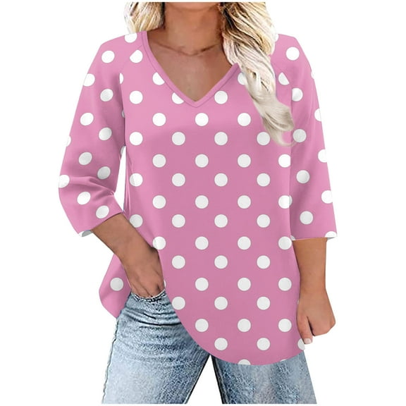 Posijego Plus Size Tops for Women 3/4 Sleeve Shirts V Neck Polka Dot Graphic Tees Casual Dressy Blouses
