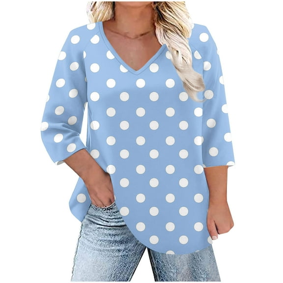 Posijego Plus Size Tops for Women 3/4 Sleeve Shirts V Neck Polka Dot Graphic Tees Casual Dressy Blouses