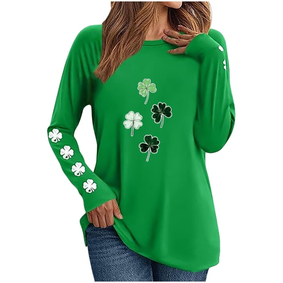 Posijego Plus Size Tops for Women Clover Long Sleeve Shirts St Patricks Day Graphic Teestunics Stretch Soft Basic Shirts