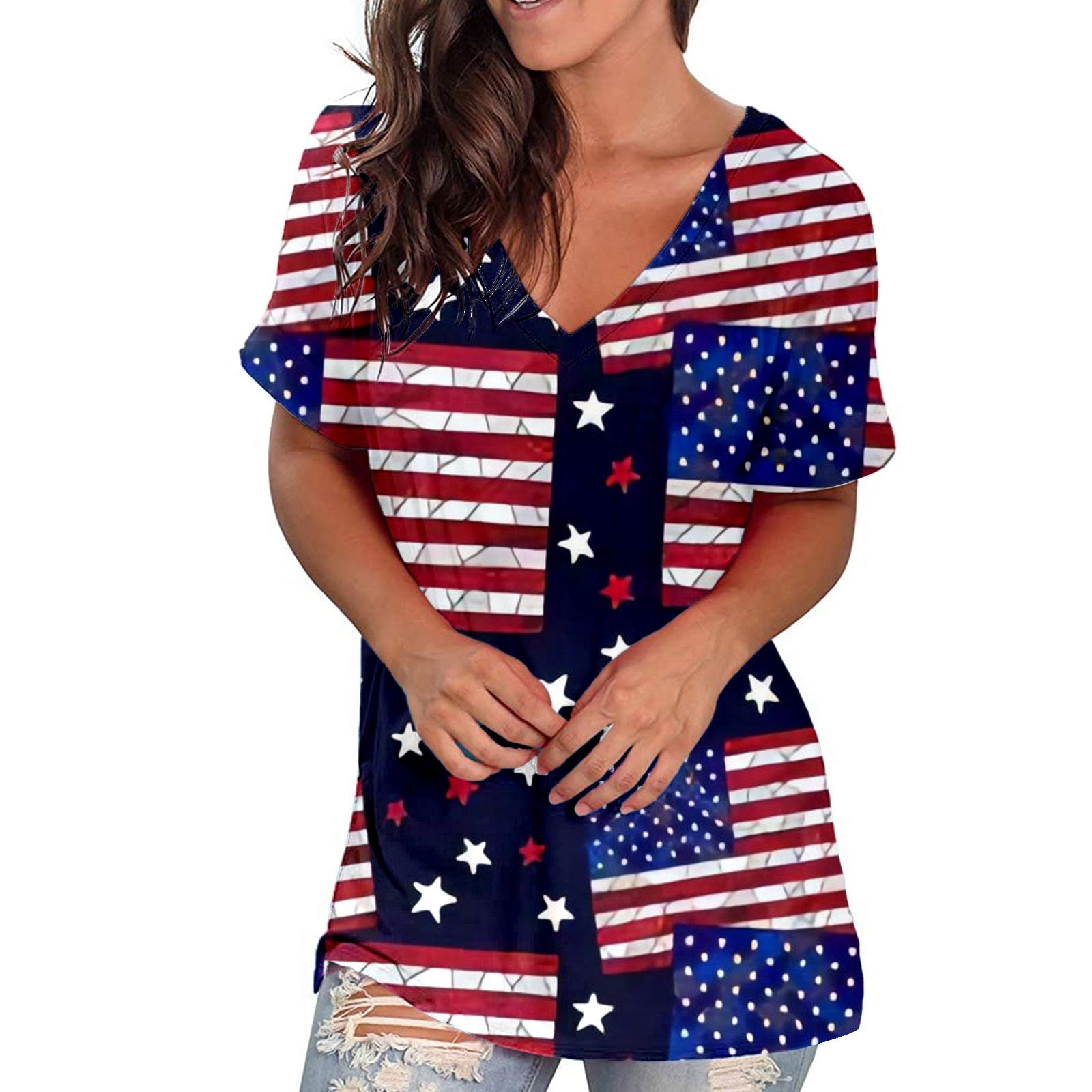 AOBUTE Women's July 4th Shirt – V-Neck Short Sleeve American Flag Top For Summer & Patriotic Events - View #13