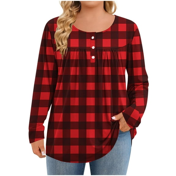 Posijego Plus Size Tops for Women Long Sleeve Shirts Plaid Printed Casual Tunic Tees Loose Dressy Blouses