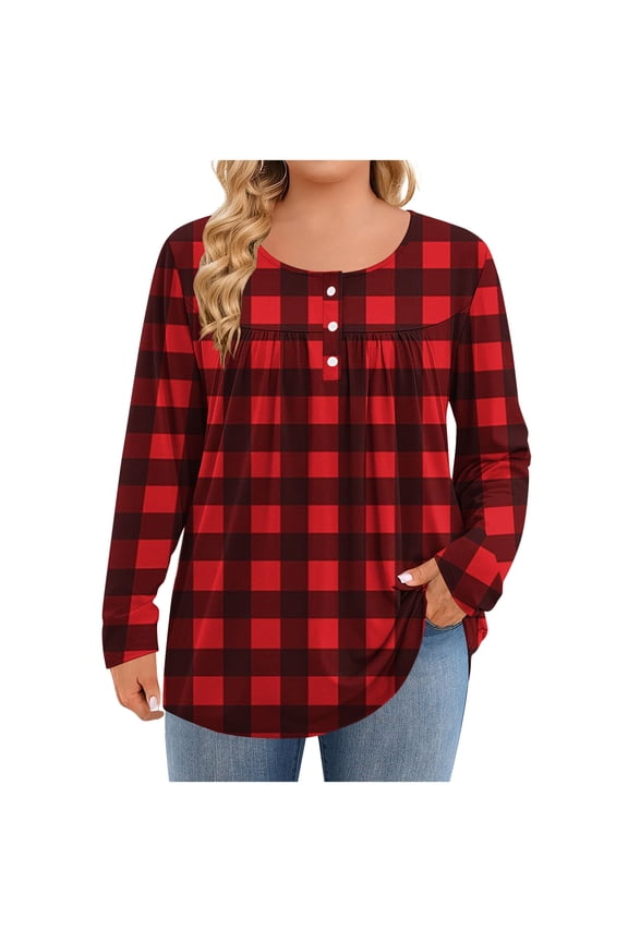 Plus Size Tops for Women Long Sleeve Shirts Plaid Printed Casual Tunic Tees Loose Dressy Blouses