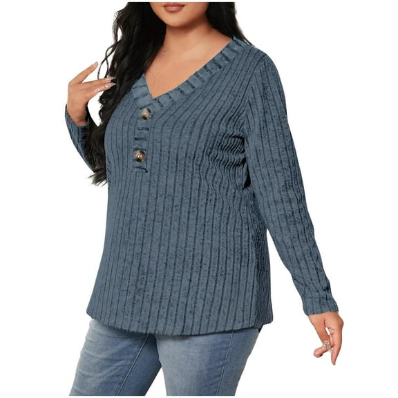 Posijego Plus Size Tops for Women Spring Fall Long Sleeve Shirts Women V Neck Fashion Knit Blouses XL-5XL