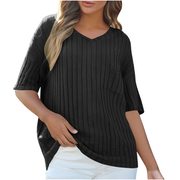Posijego Plus Size Tops for Women V Neck Short Sleeve T-Shirts Lightweight Casual Knit Sweater Shirts