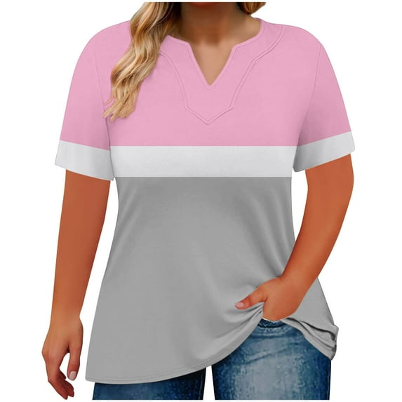 Posijego Plus Size Tops for Women V Neck Summer Short Sleeve T-Shirts Color Block Loose Casual Dressy Blouse