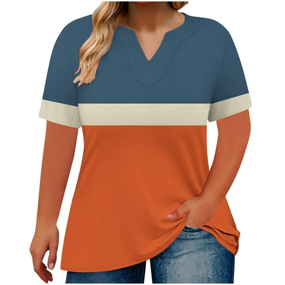 Posijego Plus Size Tops for Women V Neck Summer Short Sleeve T-Shirts Color Block Loose Casual Dressy Blouse