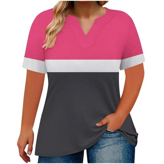 Posijego Plus Size Tops for Women V Neck Summer Short Sleeve T-Shirts Color Block Loose Casual Dressy Blouse
