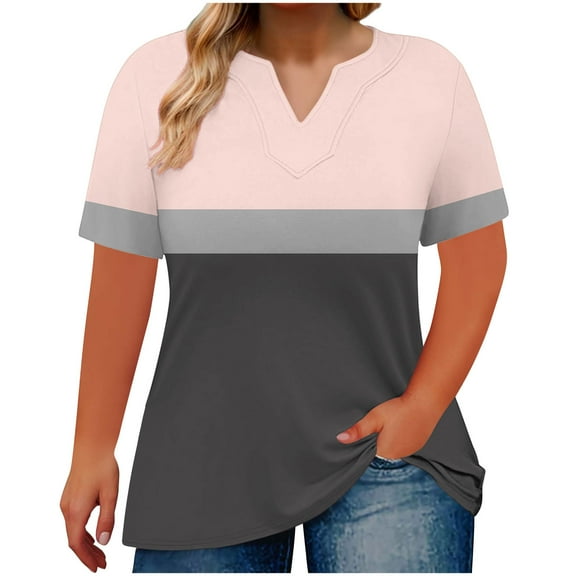 Posijego Plus Size Tops for Women V Neck Summer Short Sleeve T-Shirts Color Block Loose Casual Dressy Blouse