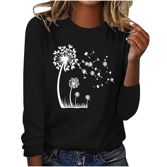 Posijego Plus Size Tshirts for Women Printed Long Sleeve Shirts Fall Women's Crew Neck Basic Tee Tops