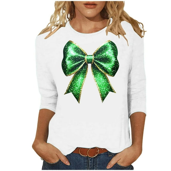 Posijego Plus Size Womens 3/4 Sleeve Shirts St Patricks Day Print Ladies Crew Neck Basic Tee Shirt Summer Tunic Tops