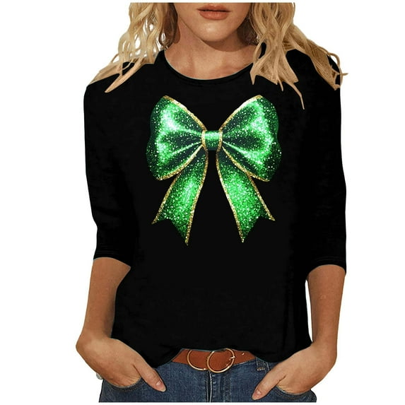 Posijego Plus Size Womens 3/4 Sleeve Shirts St Patricks Day Print Ladies Crew Neck Basic Tee Shirt Summer Tunic Tops