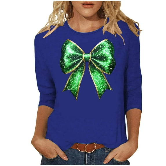 Posijego Plus Size Womens 3/4 Sleeve Shirts St Patricks Day Print Ladies Crew Neck Basic Tee Shirt Summer Tunic Tops