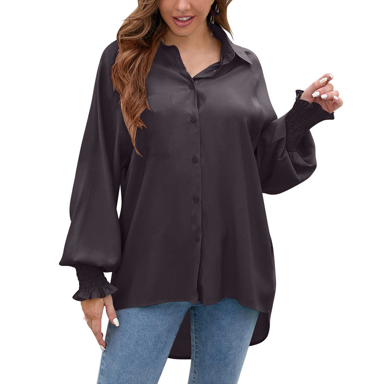 Posijego Plus Size Womens Button Down Shirt Collared V Neck Dress