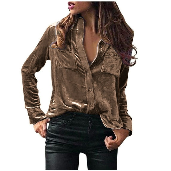 Posijego Retro Velvet Top for Women Vintage Long Sleeve Button Down Shirts Velour Blouses with Pockets