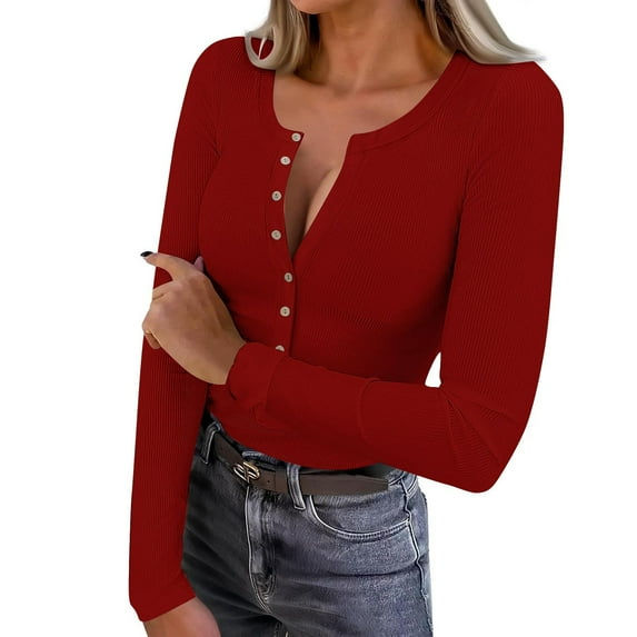 Posijego Ribbed Long Sleeve Shirts for Women Button down Crew Neck Slim Going out Tops Basic Tee Shirts Womens Clothes