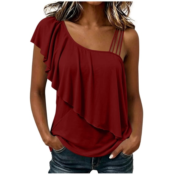 Posijego Ruffle Tank Tops for Women One Shoulder Elegant Blouses Casual Summer Shirts Sleeveless Stretch Slim Tank Tops