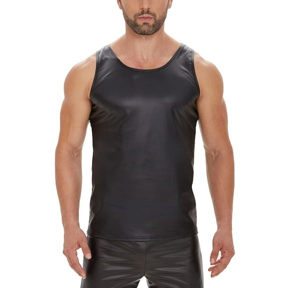 Posijego S-5XL Men's Leather Tank Tops Stretch Sleeveless Shirts Fashion Party Tank Top for Men