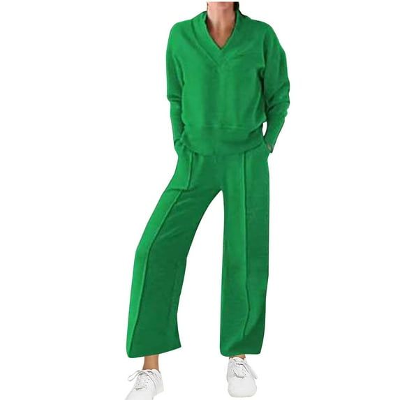 Posijego S-5XL Women's Sweatsuit 2 Piece Outfits V Neck Long Sleeve Pullovers Wide Leg Pants Lounge Sets
