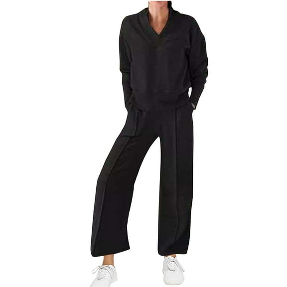 Posijego S-5XL Women's Sweatsuit 2 Piece Outfits V Neck Long Sleeve Pullovers Wide Leg Pants Lounge Sets