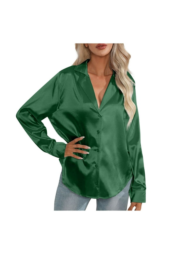 Satin Button Down Shirts for Women Business Office Blouses Silk Long Sleeve Dressy Casual Work Tops