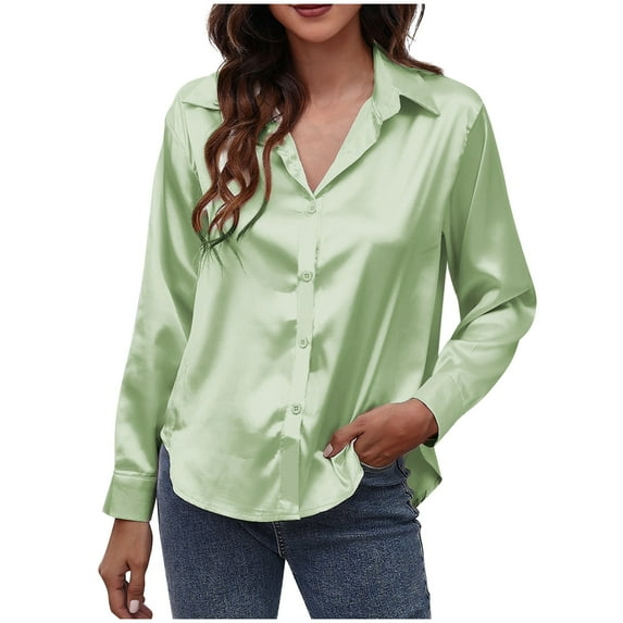 Posijego Satin Button Down Shirts for Women Business Office Blouses Silk Long Sleeve Dressy Casual Work Tops