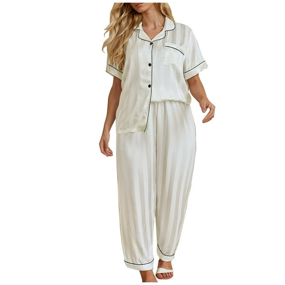 Posijego Satin Pajamas for Women Plus Size Loungewear Silk Short Sleeve Button down Shirt and Pants Homewear