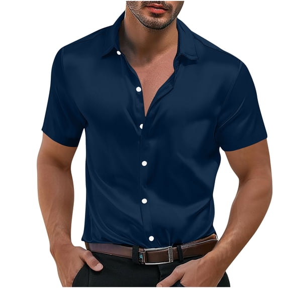 Posijego Satin Shirts for Men Button down Shirts Prom Party Evening Wedding Short Sleeve Casual Silk Dress Shirts S-5XL