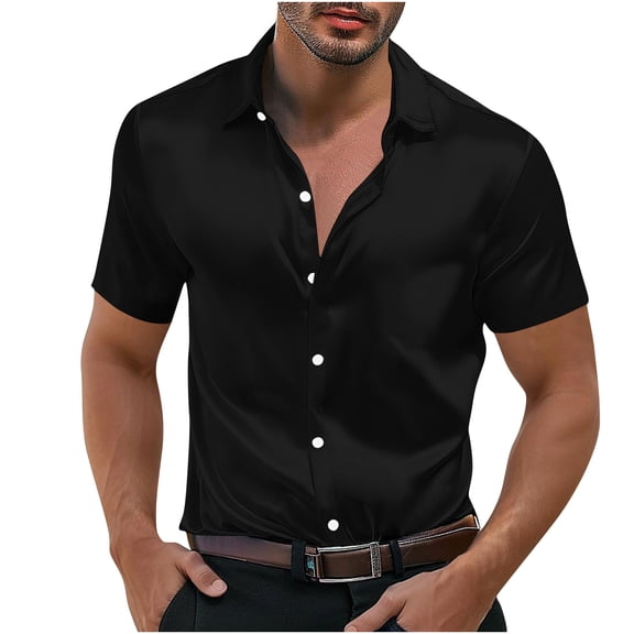 Posijego Satin Shirts for Men Button down Shirts Prom Party Evening Wedding Short Sleeve Casual Silk Dress Shirts S-5XL