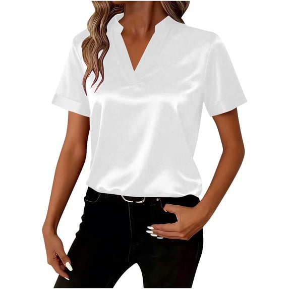 Posijego Satin Tops for Women Business Office Silk Short Sleeve Casual Dressy Blouse Work Shirts Womens Clothes