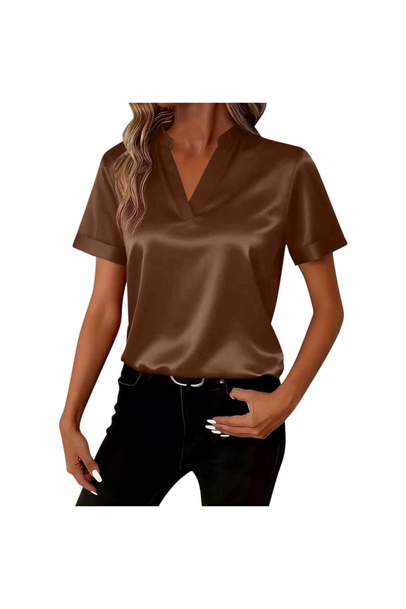 Satin Tops for Women Business Office Silk Short Sleeve Casual Dressy Blouse Work Shirts Womens Clothes