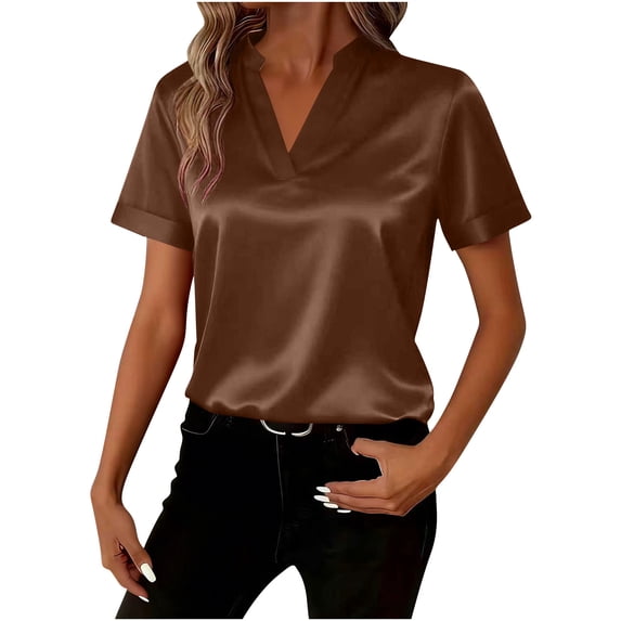 Posijego Satin Tops for Women Business Office Silk Short Sleeve Casual Dressy Blouse Work Shirts Womens Clothes