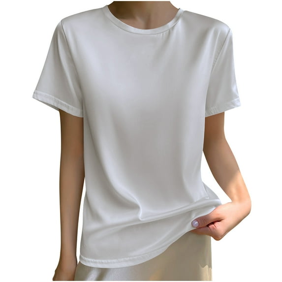 Posijego Satin Tops for Women Silk Short Sleeve T-Shirts Solid Color Casual Loose Summer Tee Blouses