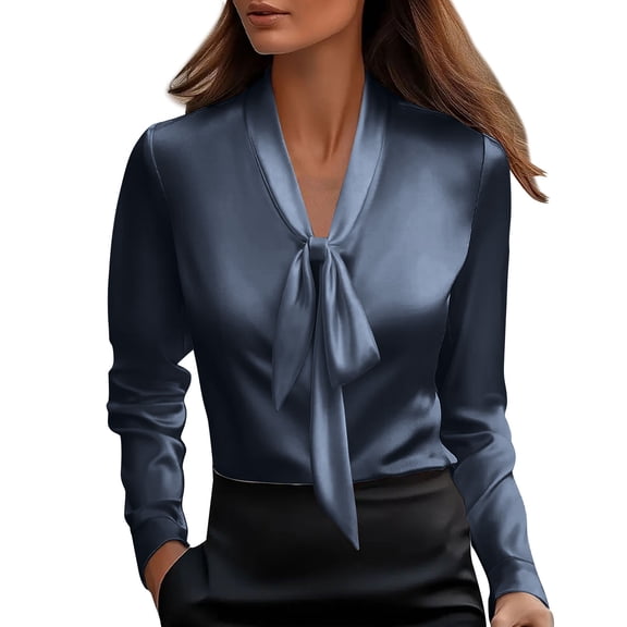 Posijego Satin Tops for Women Tie V Neck Long Sleeve Shirts Business Office Work Dressy Blouses Workwear