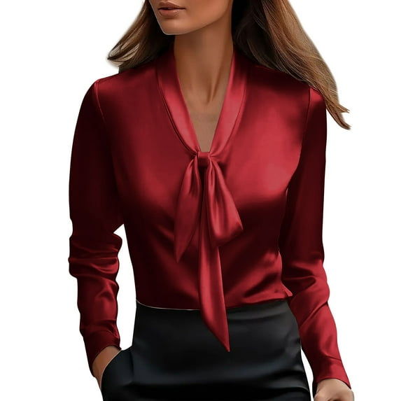 Posijego Satin Tops for Women Tie V Neck Long Sleeve Shirts Business Office Work Dressy Blouses Workwear