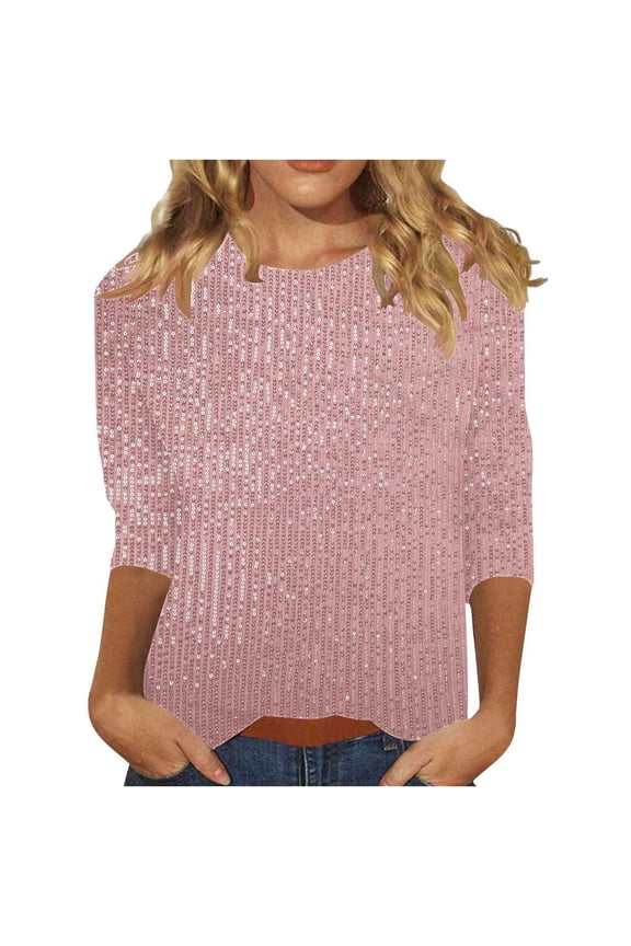 Sequins Tops for Women 3/4 Length Sleeve Shirts Evening Party Formal Casual Dressy Blouses for Ladies