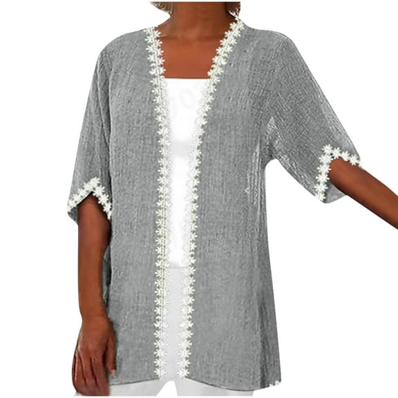 Posijego Short Sleeve Cardigan for Women Lace Trim Open Front 2024 Summer Plus Size Lightweight Outerwear