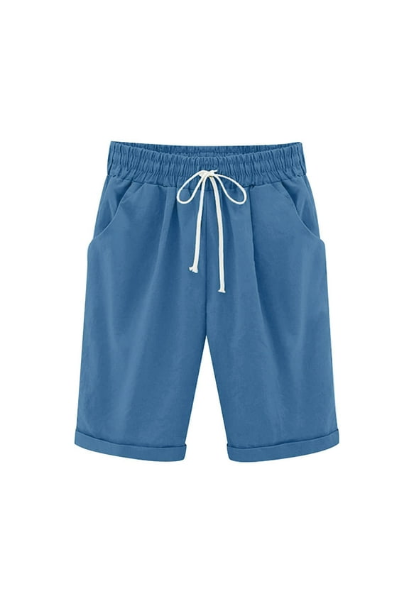 Shorts for Women Cotton Linen Shorts Knee Length Elastic Waist Drawstring Shorts with Pockets