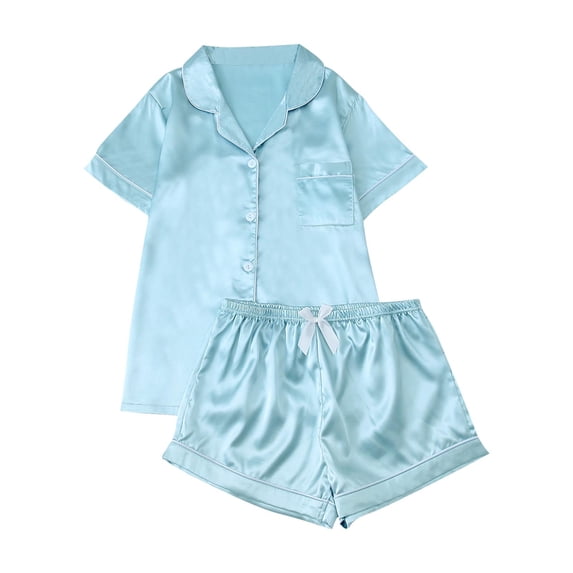 Posijego Silk Pajama Set for Women 2 Piece Outfits Satin Short Sleeve Button down Shirts Shorts Pjs Sets