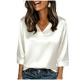 thumbnail image 1 of Posijego Silk Satin Tops for Women 3/4 Length Sleeve Summer V Neck Casual Dressy Blouses Loose Shirts Office Business, 1 of 5