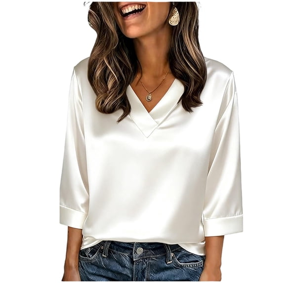 Posijego Silk Satin Tops for Women 3/4 Length Sleeve Summer V Neck Casual Dressy Blouses Loose Shirts Office Business